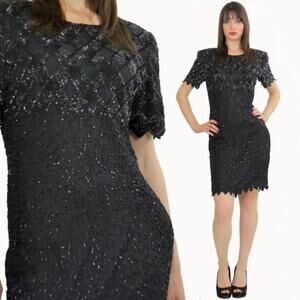 Kazar Black Silk Vintage Beaded Short Sleeve Mini Cocktal Dress Size Large